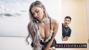 Bombshell blonde maid teams up with big tits redhead for threesome with stepson