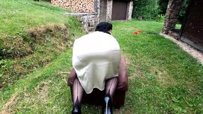 Purple dildo and black stockings